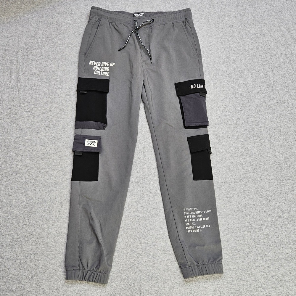 Rock Mens Grey Graphic Cargo Joggers Streetwear Multi Pocket Pants Size M Gym